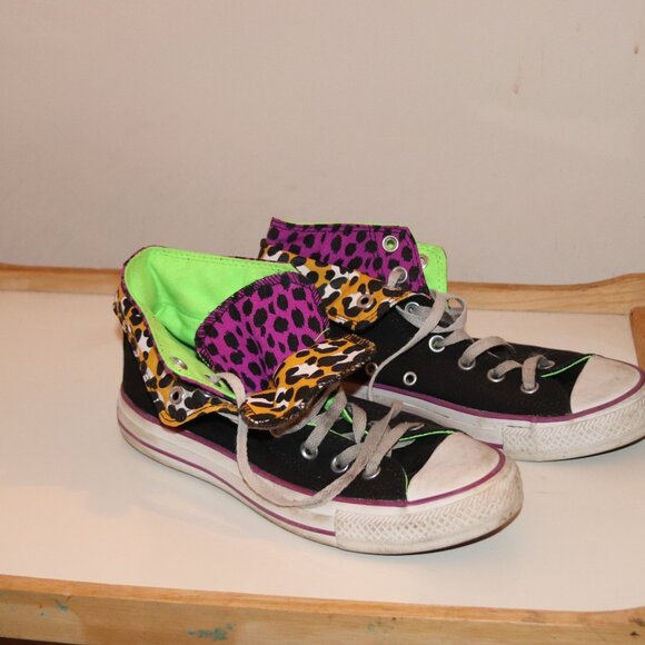 Converse Double Flap Leopard Black Purple Lime Green Women 8 Chuck Taylor Shoe - Picture 6 of 8